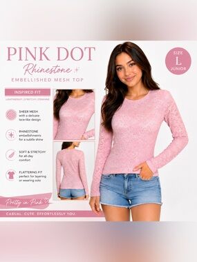 Pink Dot Rhinestone Lace Mesh Top Pink Long Sleeve Junior Fit Size L NWT